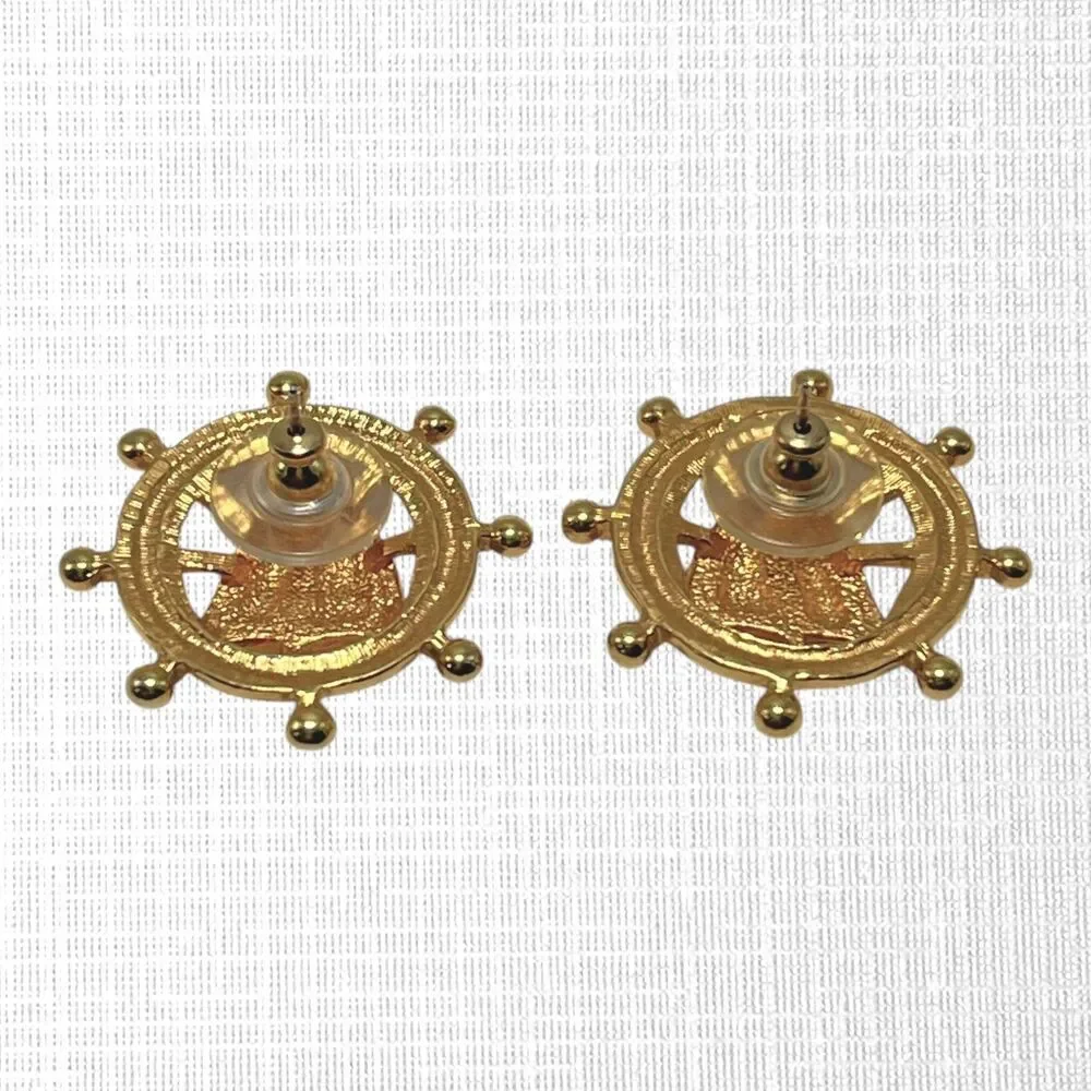 Vintage Avon Ship Ahoy Earrings Gold Tone Sailboat Enamel Nautical Pierced